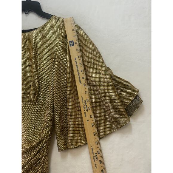 Shona Joy Cleo Circle Sleeve Ruched Mini Dress Womens 8 Gold Metallic Crepe - Picture 14 of 16